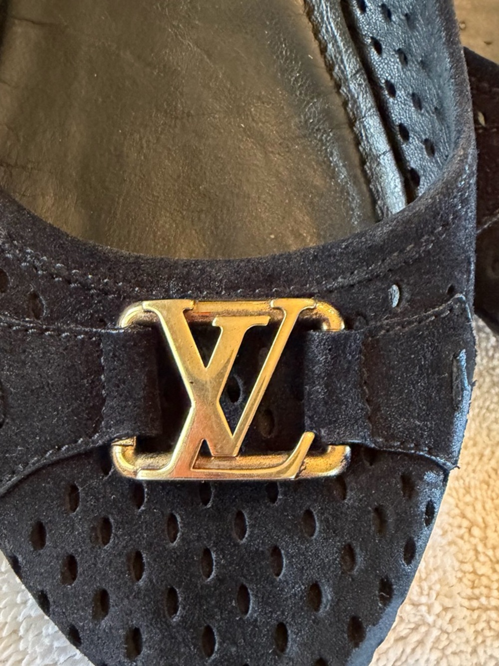 Louis Vuitton Black Suede Ballet Flats with Gold LV Buckle - Picture 12 of 12